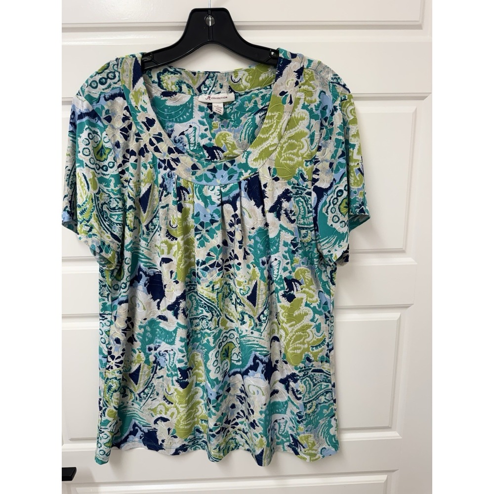 JM Collection Women XL Paisley Blouse Short Sleeve Stretch Pullover Top Multi